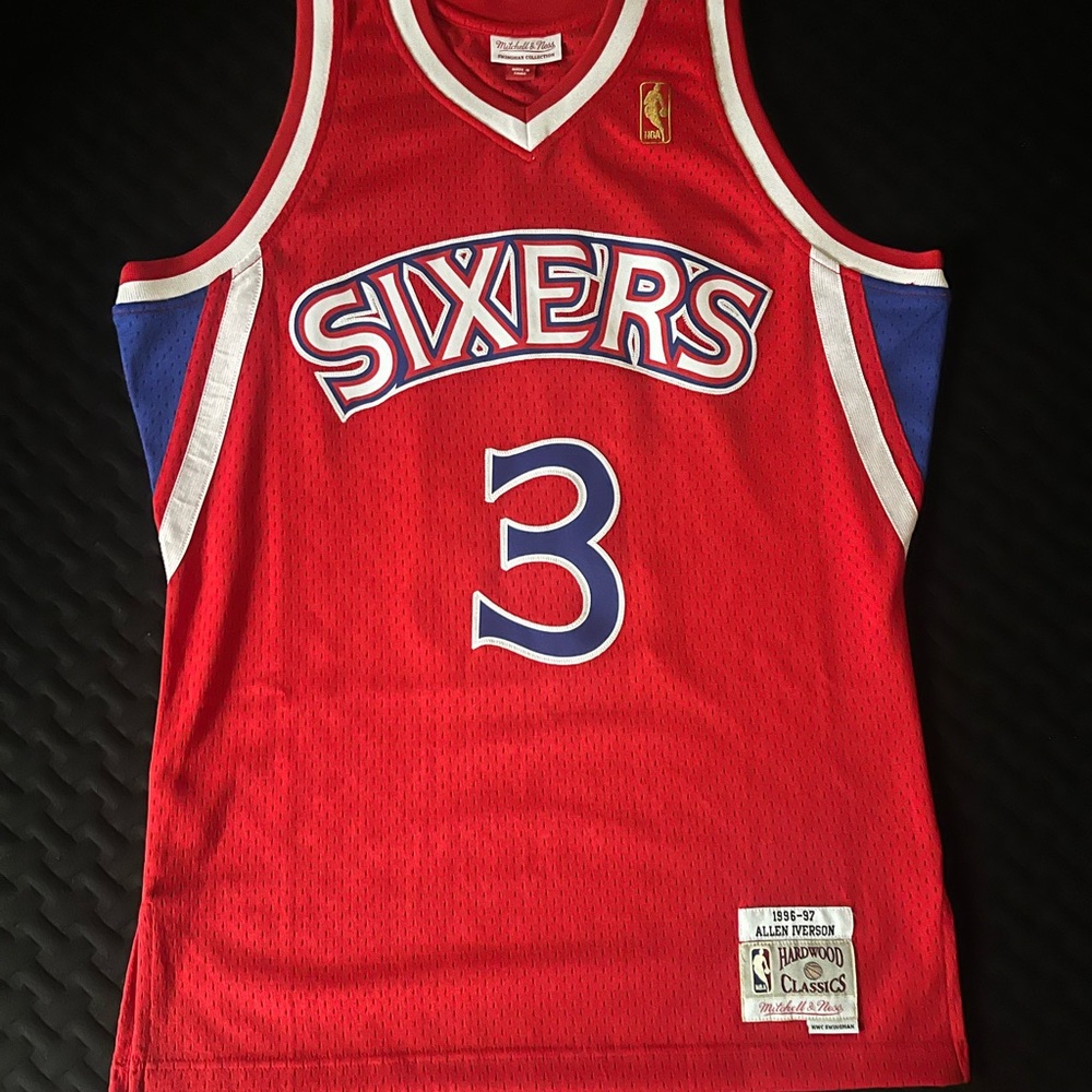 Mitchell & Ness Allen Iverson Red Sixers Jersey with Blue and White Trim